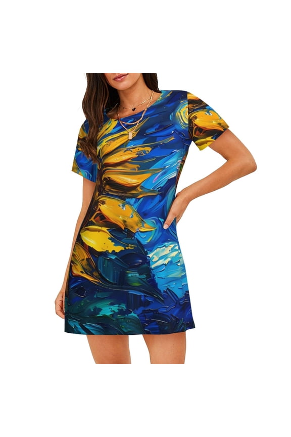 Sunflower Starry Night Vibes Pattern Women’s Nightdress – Casual Short-sleeved Loose-Fit Sleepwear, Soft Cotton Short-Sleeve Sleep Shirt for Relaxation & Comfort