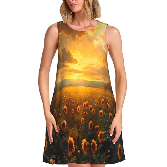 Picia Sunflower Sunset Rainfall Print Women’s Sleeveless Midi Swing Dress – A-Line Pleated Tank Sundress, Comfortable and Flowy T-Shirt Dress
