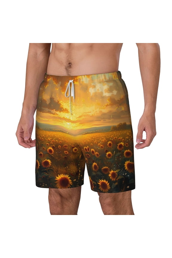 Sunflower Sunset Rainfall pattern Mens Swim Trunks with Compression Liner Stretch Beach Shorts Quick Dry with Zipper Pockets No-Chafing Board Shorts-Small