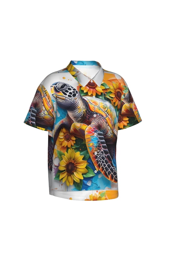 Sunflower Turtle Gentle Cotton Regular Fit Short Sleeve Casual Hawaiian Shirt for Men-XX-Large