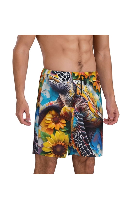 Sunflower Turtle Pajama Shorts for Men, Men's Pajama Bottoms, Sleepwear,Short Pajama Pants-Medium