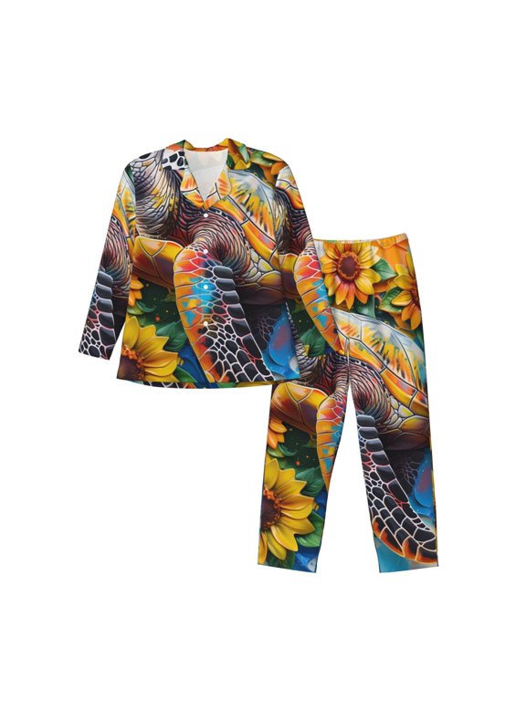 Sunflower Turtle Pattern Men’s Long-Sleeve Sleepwear Set - Soft 2-Piece Loungewear with Pockets, Comfy PJs for Relaxing Nights-X-Large
