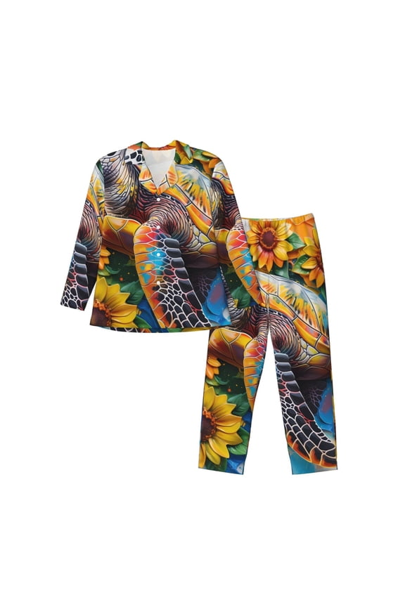 Sunflower Turtle Pattern Men’s Long-Sleeve Sleepwear Set - Soft 2-Piece Loungewear with Pockets, Comfy PJs for Relaxing Nights-X-Large