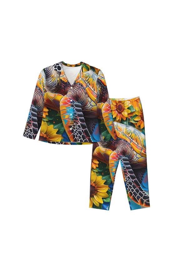 Sunflower Turtle Pattern Women’s Long-Sleeve Sleepwear Set - Soft 2-Piece Loungewear with Pockets, Comfy PJs for Relaxing Nights-Medium