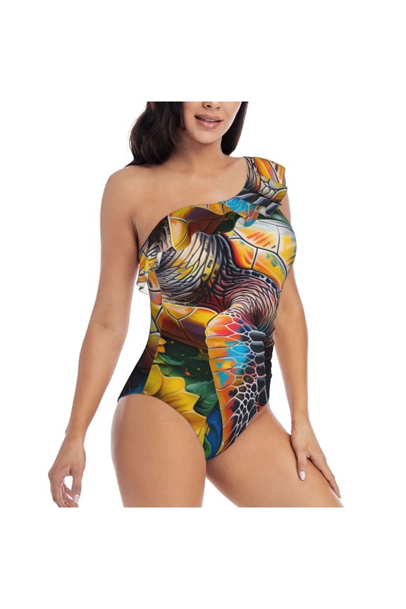 Sunflower Turtle Pattern Women's One Piece Swimsuits,One Shoulder Swimwear Asymmetric ,Ruffle Monokinis Bathing Suits,High Waisted Flattering Bathing Suits-Small