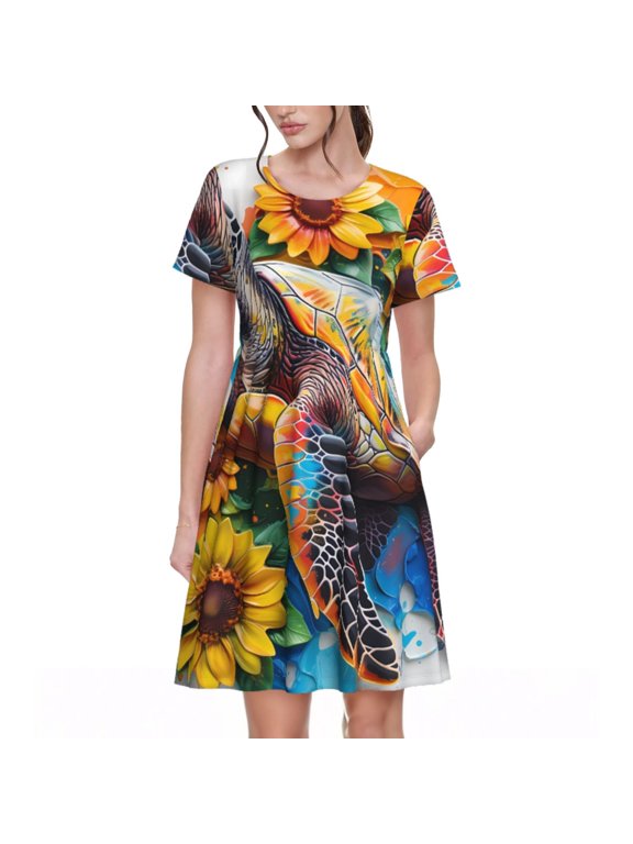 Sunflower Turtle Pattern Women's Short Sleeve Summer Dress Pleated Loose Swing Knee Length Short Sleeve Swing Dresses
