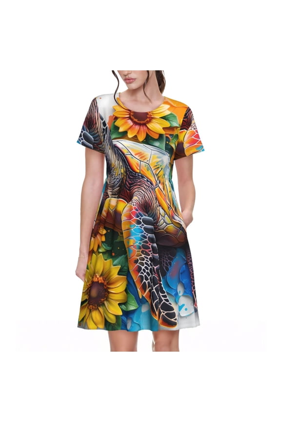 Sunflower Turtle Pattern Women's Short Sleeve Summer Dress Pleated Loose Swing Knee Length Short Sleeve Swing Dresses