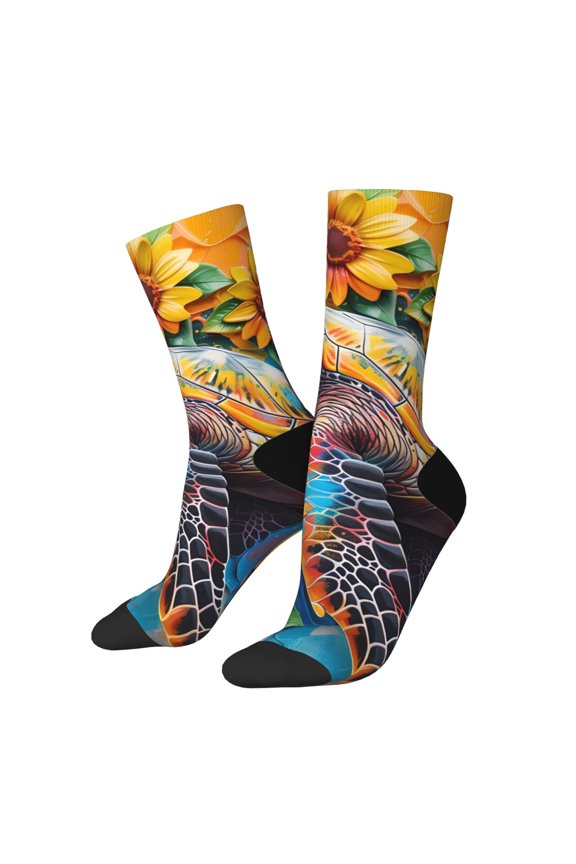 Sunflower Turtle Print Athletic Socks for Men & Women – Cushioned Moisture-Wicking Crew Socks for Sports, Running, and Training, Soft & Breathable Size 5-11