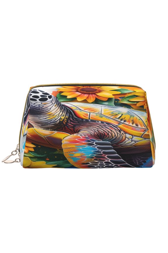 Sunflower Turtle Print Leather Makeup Bag Make Up Bag Travel Toiletry Bag for Her Girlfriend Teacher Teen Girl Gifts