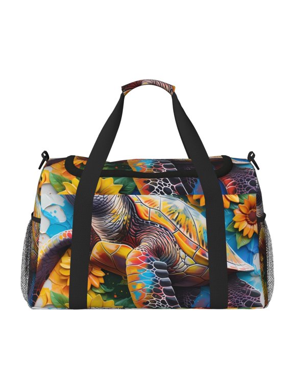 Sunflower Turtle Print Travel Duffle Bag,Weekender Bags for Women with Shoe Compartment, Gym Duffel Bag with Wet Pocket, Hospital Bags for Labor and Delivery