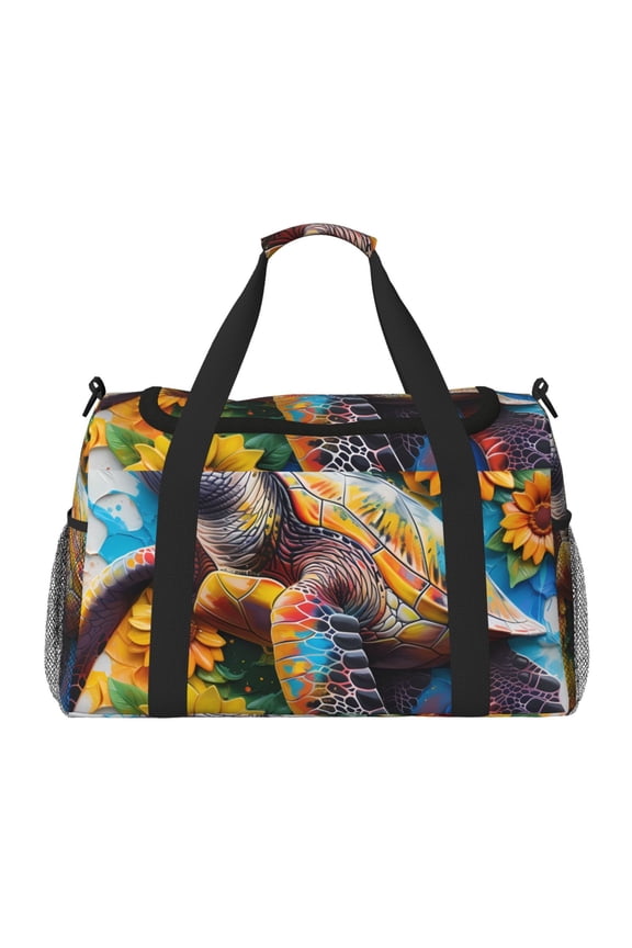 Sunflower Turtle Print Travel Duffle Bag,Weekender Bags for Women with Shoe Compartment, Gym Duffel Bag with Wet Pocket, Hospital Bags for Labor and Delivery