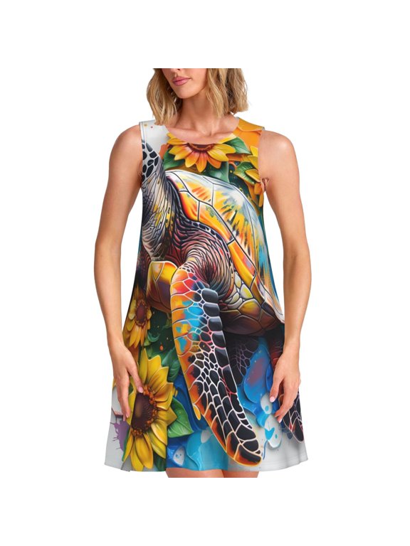 Sunflower Turtle Print Women’s Sleeveless Midi Swing Dress – A-Line Pleated Tank Sundress, Comfortable and Flowy T-Shirt Dress