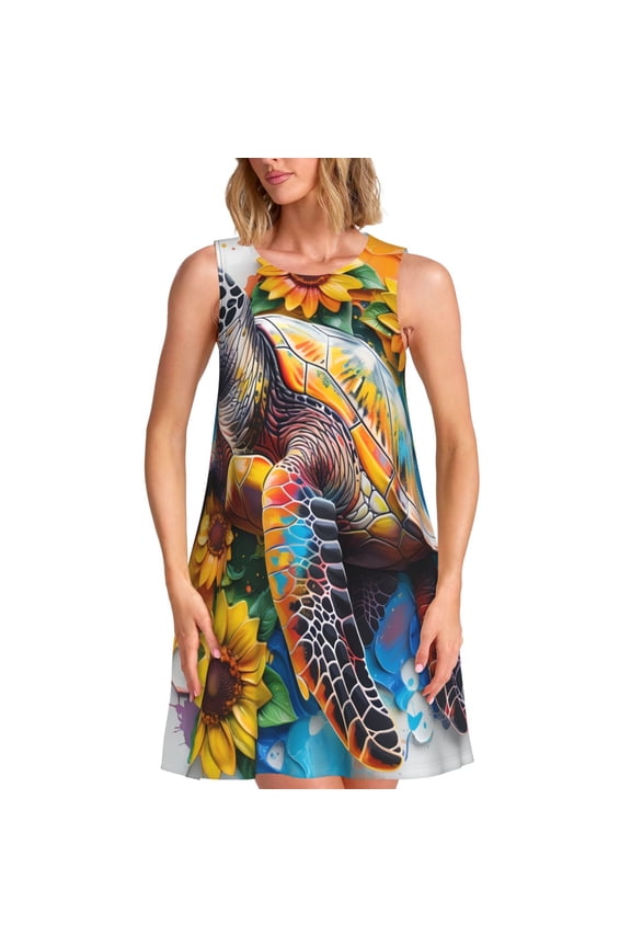 Sunflower Turtle Print Women’s Sleeveless Midi Swing Dress – A-Line Pleated Tank Sundress, Comfortable and Flowy T-Shirt Dress