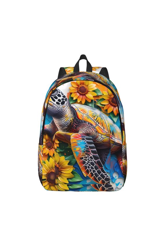 Sunflower Turtle Printed Canvas Daypack - Stylish and Durable Vintage Compact Backpack - Class, Work, Travel, or Laptop Bookbag,Organized Compartments-Medium