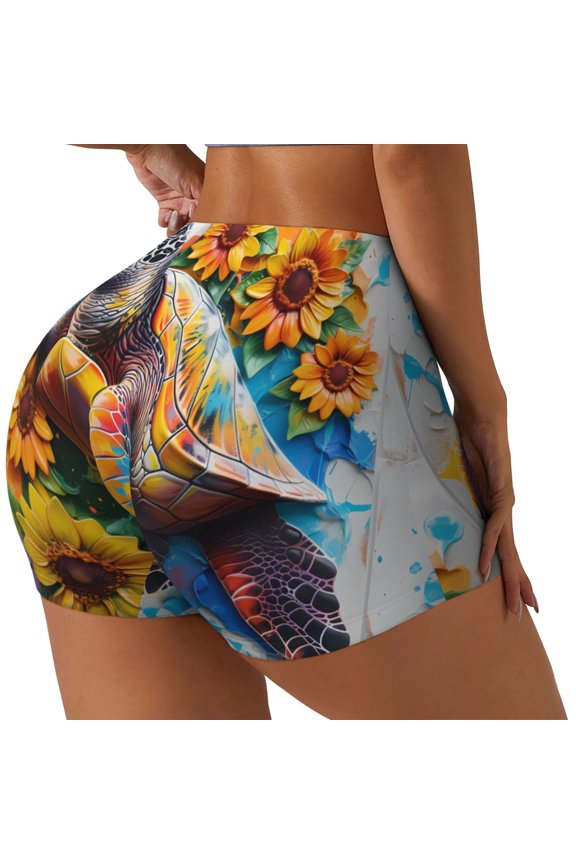 Sunflower Turtle Printed Workout Shorts for Women Seamless Scrunch Butt Lifting High Waisted Yoga Gym Booty Running Moisture-wicking Short Pants-Large