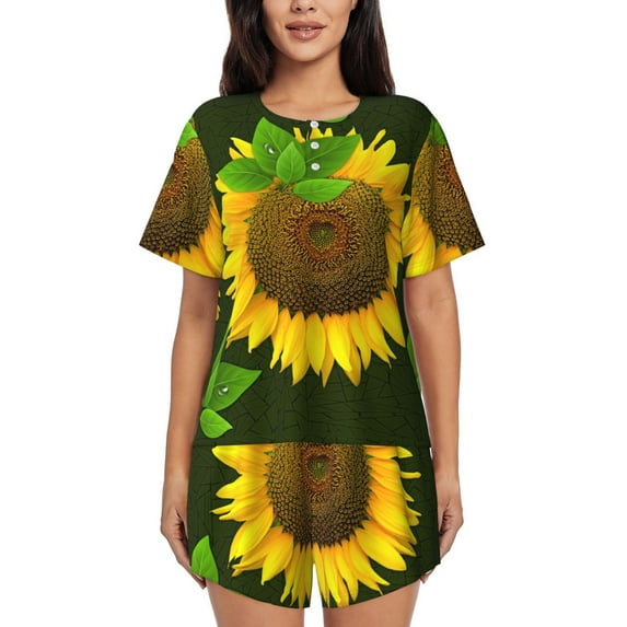 Picia Sunflower3 Pajamas Sets for Women Soft Short-Sleeved Pjs with Lounge Shorts Two Piece Sleepwear-Small