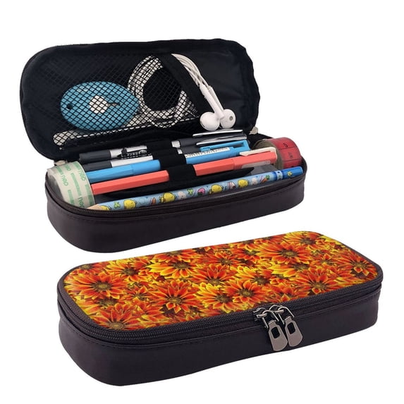 Picia Sunflower4 Pattern Large Capacity PU Leather Pencil Case Organizer Pen Marker Holder Double Zipper Storage Bag Big Pencil Pouch for College Office