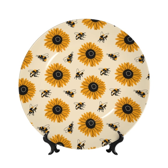 Picia Sunflowers And Bee Pattern Bone China Decorative Plate – Wall Decor with Stand and Adhesive, Elegant Ornament for Living Room, Office, or Entryway-6in