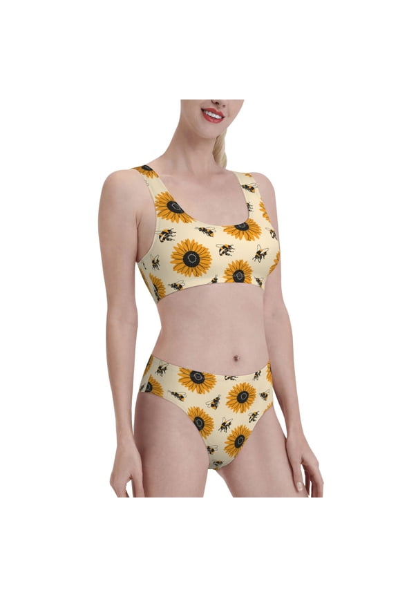 Sunflowers And Bee Women's High Waisted Bikini Scoop Neck Swimsuit Two Pieces Bathing Suit-Medium