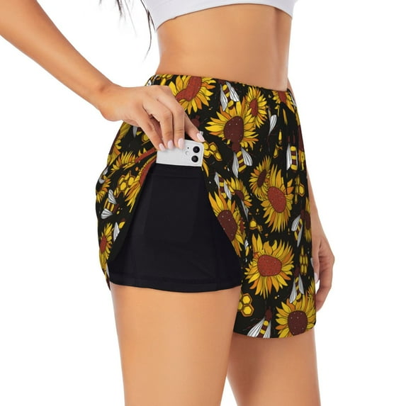 Picia Sunflowers And Bww Pattern Women's 2 in 1 Athletic Running Shorts High Waisted Workout Casual Gym Sweat Shorts with Comfy Liner Zipper Pockets-Large