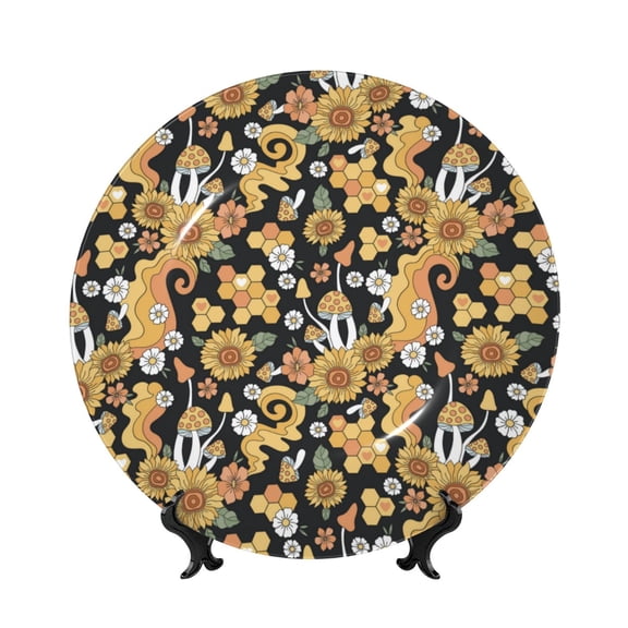 Picia Sunflowers Bee Pattern Bone China Decorative Plate – Wall Decor with Stand and Adhesive, Elegant Ornament for Living Room, Office, or Entryway-6in