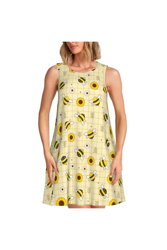 Sunflowers Bee Print Women’s Sleeveless Midi Swing Dress – A-Line Pleated Tank Sundress, Comfortable and Flowy T-Shirt Dress