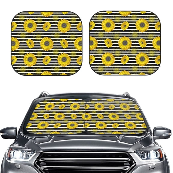 Picia Sunflowers On Black And White Stripes 2 Piece Car Windshield Sun Shade Foldable | Foldable Sun Shield for Front Window Blocks UV Rays and Keeps Your Vehicle Cool-Small