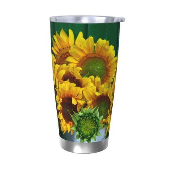 Picia Sunflowers in Bucket Pattern 20 oz Tumbler Stainless Steel Vacuum Insulated Coffee Ice Cup Double Wall Travel Flask Dual Lid Water Bottle, Eco-friendly Car Cup-Without Straw