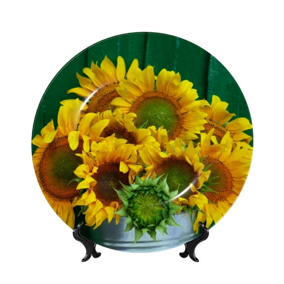 Picia Sunflowers in Bucket Pattern Bone China Decorative Plate – Wall Decor with Stand and Adhesive, Elegant Ornament for Living Room, Office, or Entryway-7in