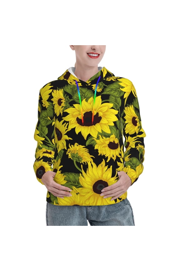 Sunflowers In Vintage Pattern Casual Women's Hoodie, Hooded Sweatshirt with Kangaroo Pocket, Comfortable Pullover with Eye-catching Drawstrings-Medium