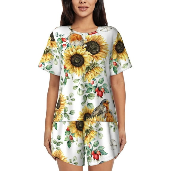 Picia Sunflowers Leaves And Birds Pajamas Sets for Women Soft Short-Sleeved Pjs with Lounge Shorts Two Piece Sleepwear-Small