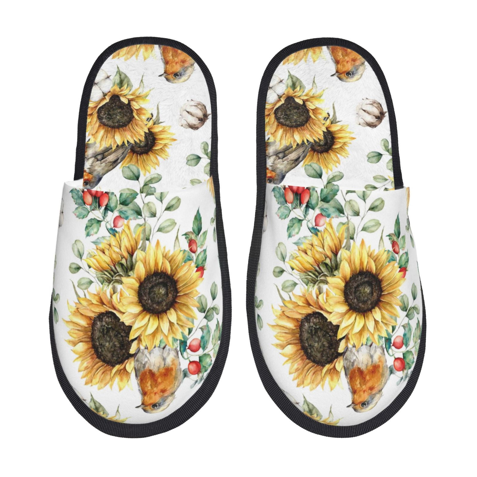 Curated visual reference: Fresh Look at Picia Sunflowers Leaves And Birds Print Women S Fuzzy Fluffy