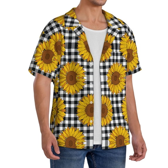 Picia Sunflowers Men's Linen Shirts Short Sleeve Cuban Beach Shirts Casual Shirts Button Down Shirt for Men Beach Summer Wedding Shirt-3X-Large