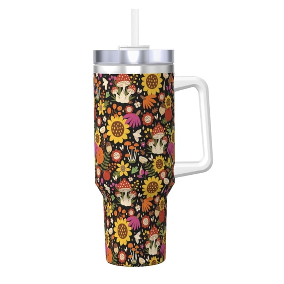 Picia Sunflowers Mushrooms Pattern 40oz Ice Bully Insulated Tumbler with Handle, Double-Wall Stainless Steel Cup, Leak-Proof Lid and Straw