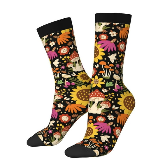 Picia Sunflowers Mushrooms Print Athletic Socks for Men & Women – Cushioned Moisture-Wicking Crew Socks for Sports, Running, and Training, Soft & Breathable Size 5-11