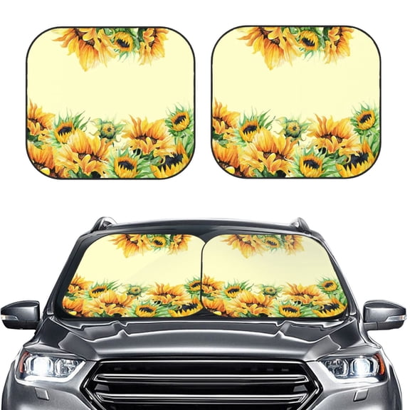 Picia Sunflowers On A Yellow Background 2 Piece Car Windshield Sun Shade Foldable | Foldable Sun Shield for Front Window Blocks UV Rays and Keeps Your Vehicle Cool-Large