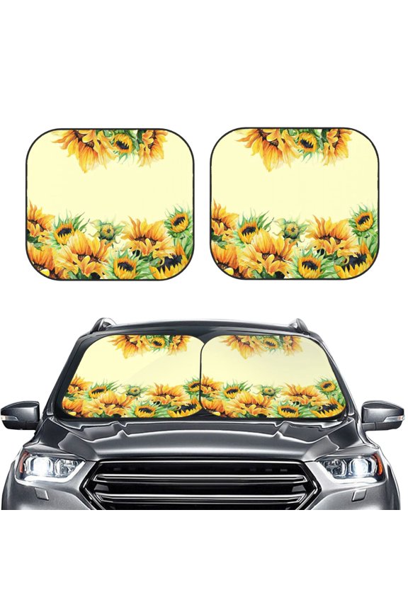 Sunflowers On A Yellow Background 2 Piece Car Windshield Sun Shade Foldable | Foldable Sun Shield for Front Window Blocks UV Rays and Keeps Your Vehicle Cool-Large