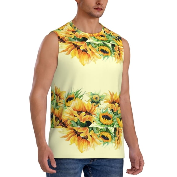Picia Sunflowers On A Yellow Background mens Cotton Tank Undershirts , Moisture-wicking Ribbed Tanks, Lightweight Cotton Tank Undershirts-3X-Large
