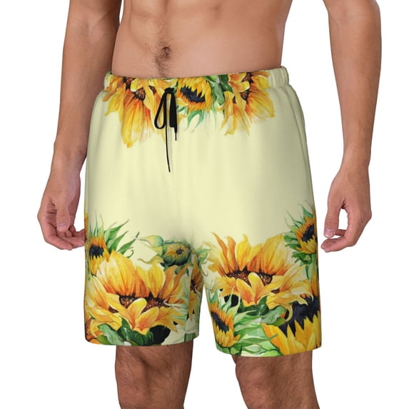 Picia Sunflowers On A Yellow Background pattern Mens Swim Trunks with Compression Liner Stretch Beach Shorts Quick Dry with Zipper Pockets No-Chafing Board Shorts-XX-Large