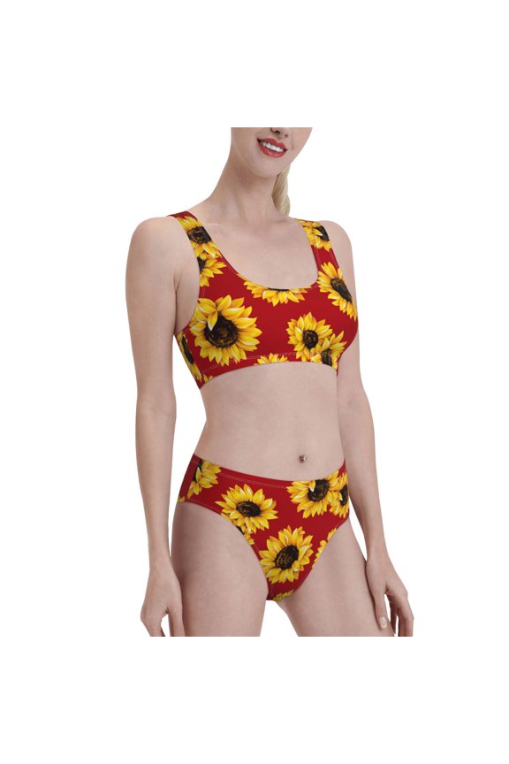Sunflowers On Red Women's High Waisted Bikini Scoop Neck Swimsuit Two Pieces Bathing Suit-Large