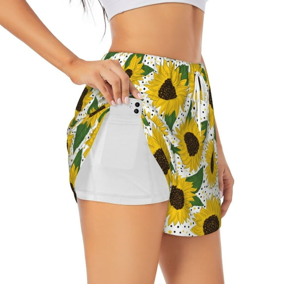 Picia Sunflowers Pattern Women's 2 in 1 Athletic Running Shorts High Waisted Workout Casual Gym Sweat Shorts with Comfy Liner Zipper Pockets-Medium