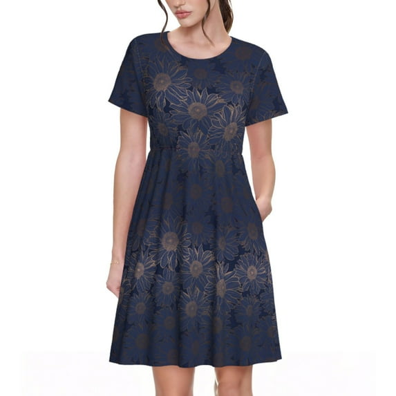 Picia Sunflowers Pattern Women's Short Sleeve Summer Dress Pleated Loose Swing Knee Length Short Sleeve Swing Dresses