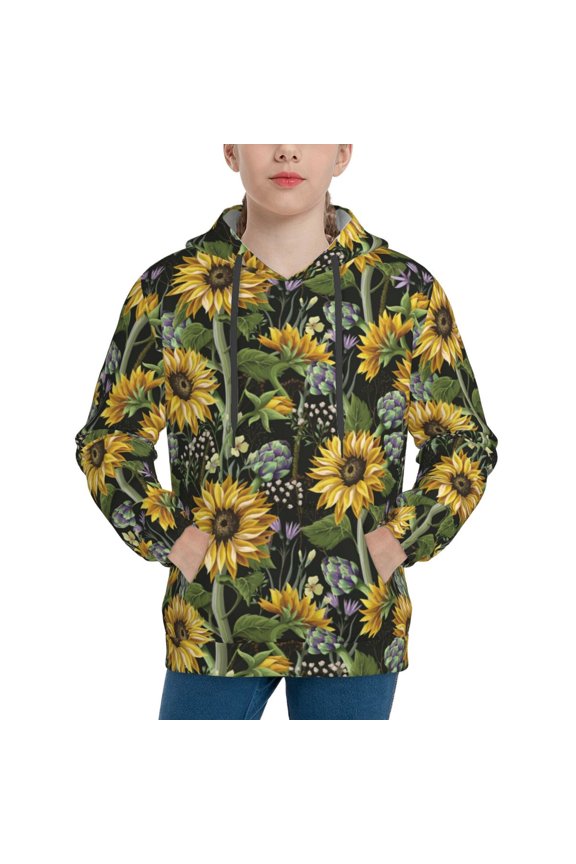 Sunflowers Pattern Youth Hoodie - Warm Pullover Sweatshirt with Kangaroo Pocket, Ideal for Boys and Girls-Large