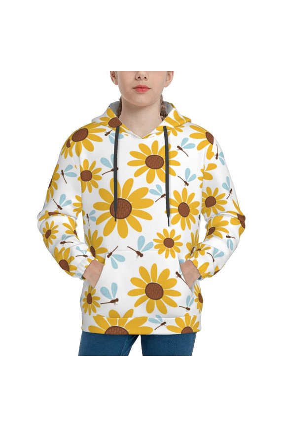 Sunflowers Pattern Youth Hoodie - Warm Pullover Sweatshirt with Kangaroo Pocket, Ideal for Boys and Girls-Medium