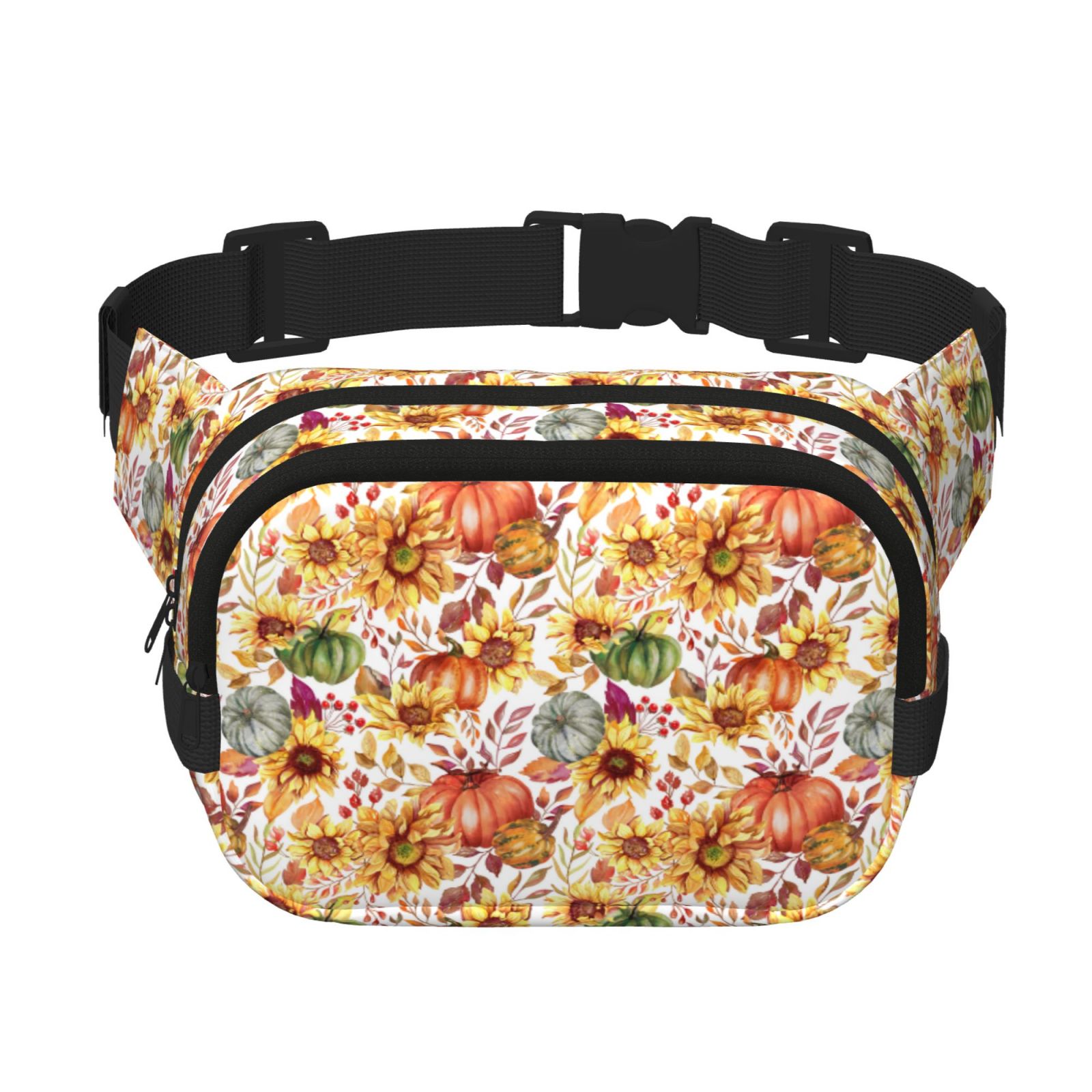 Picia Sunflowers Pumpkins And Autumn Leaves Print Square Double-Layer Waist Bag Mini Adjustable Waist Belt Bag Exercise Running Travel Hiking