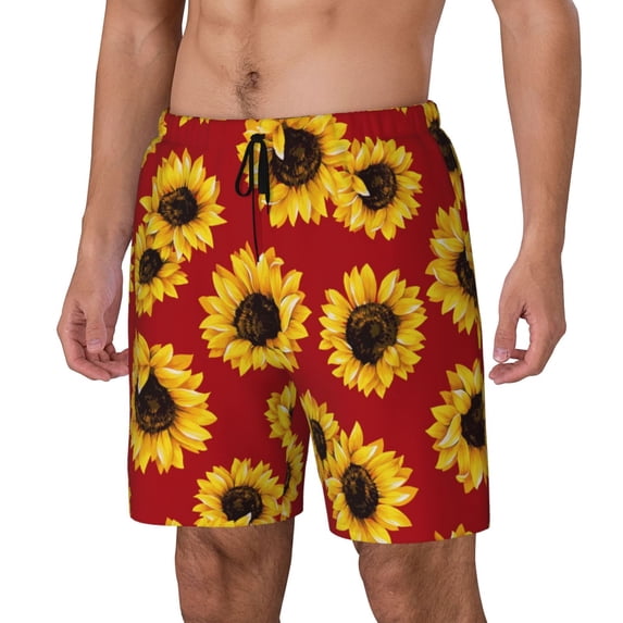 Picia Sunflowers On Red pattern Mens Swim Trunks with Compression Liner Stretch Beach Shorts Quick Dry with Zipper Pockets No-Chafing Board Shorts-Small
