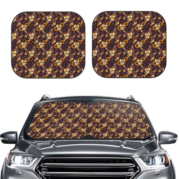 Picia Sunflowers with Skull and Hand 2 Piece Car Windshield Sun Shade Foldable | Foldable Sun Shield for Front Window Blocks UV Rays and Keeps Your Vehicle Cool-Medium