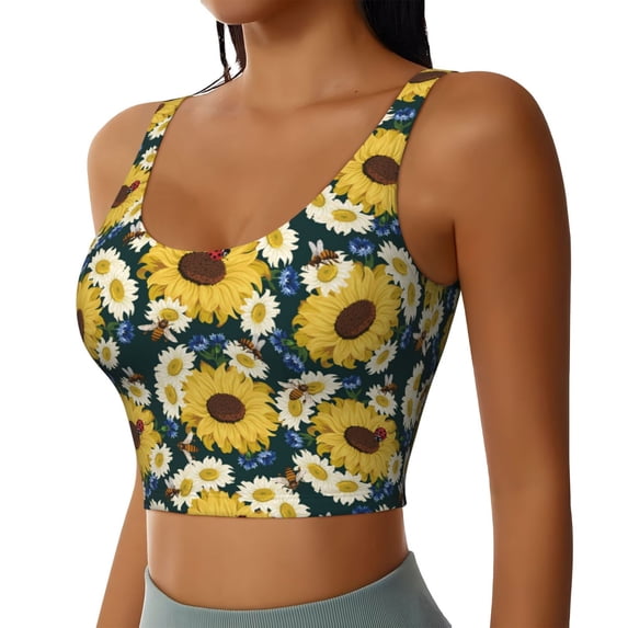 Picia Sunflowers Sports Bra for Women,Padded Strappy Sports Bras Medium Support Yoga Bra with Removable Cups,Running Yoga Bra-Medium