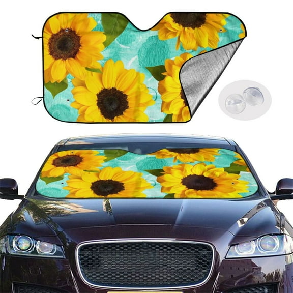 Picia Sunflowers With Green Leaves Curved Windshield Sunshade Accordion Folding Style Auto Shade for Car Truck SUV Van Blocks UV Ray Sun Visor Protector -Small