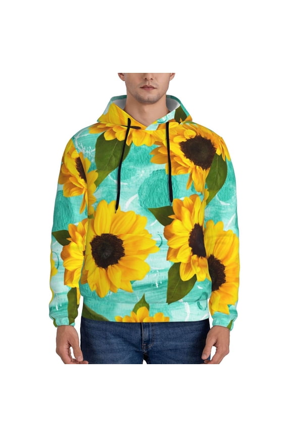Sunflowers With Green Leaves Pattern Casual Men's Hoodie - Lightweight Hooded Sweatshirt with Kangaroo Pocket, Comfortable Pullover for Everyday, Travel-Medium